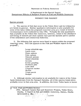 A Supplement to the Special Report Downstream Effects of Rampart Project on Fish and Wildlife Resources
