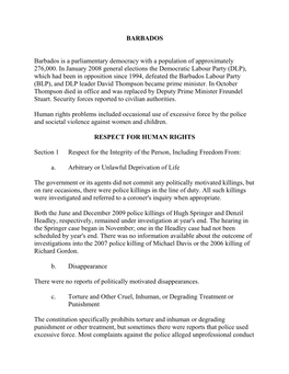 BARBADOS Barbados Is a Parliamentary Democracy with a Population of Approximately 276,000. in January 2008 General Elections