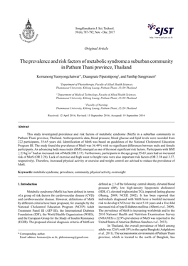 The Prevalence and Risk Factors of Metabolic Syndrome a Suburban Community in Pathum Thani Province, Thailand