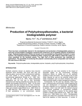 Production of Polyhydroxyalkanoates, a Bacterial Biodegradable Polymer