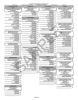 MILITARY and OVERSEAS VOTER BALLOT PARTISAN SECTION STATE GOVERNOR and LIEUTENANT GOVERNOR Vote for Not More Than 1 SECRETARY OF