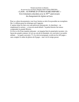 LAOS : AUTOPSIE D’UN ROYAUME DISPARU » Cet Événement Coïncidera Avec Le 30Ème Anniversaire Du Changement De Régime Au Laos