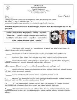 Worksheet 2 Reading Comprehension English Department Teacher: Macarena Yacoman Palma M.Yacoman@Coemco.Cl