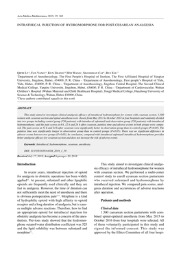 Intrathecal Injection of Hydromorphone for Post-Cesarean Analgesia