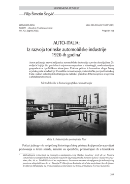 AUTO-ITALIA: Iz Razvoja Torinske Automobilske Industrije 1920-Ih Godina*