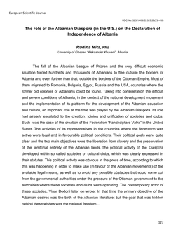 The Role of the Albanian Diaspora (In the U.S.) on the Declaration of Independence of Albania