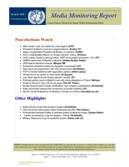 28 April 2010 Media Monitoring Report United Nations Mission in Sudan/ Public Information Office