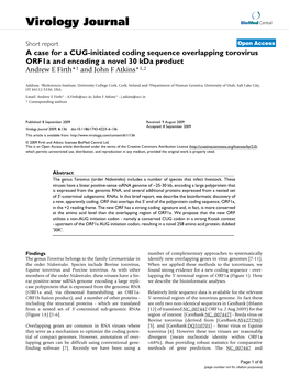 A Case for a CUG-Initiated Coding Sequence Overlapping Torovirus Orf1a and Encoding a Novel 30 Kda Product Andrew E Firth*1 and John F Atkins*1,2