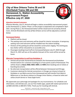 Homewood, IL, Station Accessibility Improvement Project Effective July 27, 2020