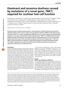 Dominant and Recessive Deafness Caused by Mutations of a Novel Gene, TMC1, Required for Cochlear Hair-Cell Function