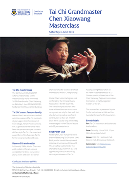 Tai Chi Grandmaster Chen Xiaowang Masterclass Saturday 1 June 2019