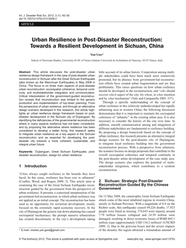 Urban Resilience in Post-Disaster Reconstruction: Towards a Resilient Development in Sichuan, China