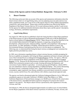 Status of the Species and Its Critical Habitat- Rangewide: February 9, 2012 1. Desert Tortoise