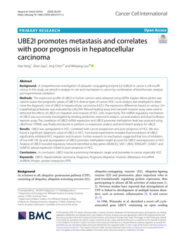 UBE2I Promotes Metastasis and Correlates with Poor Prognosis in Hepatocellular Carcinoma Hao Yang1, Shan Gao2, Jing Chen3* and Weiyang Lou4*