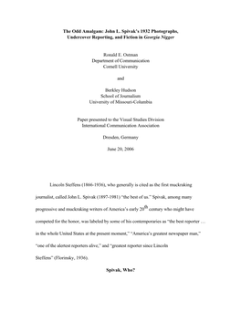 The Odd Amalgam: John L. Spivak's 1932 Photographs, Undercover Reporting, and Fiction in Georgia Nigger Ronald E. Ostman Depa