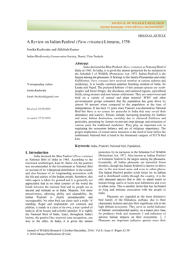 A Review on Indian Peafowl (Pavo Cristatus) Linnaeus, 1758 Presence Or Absence in an Area Is a Good Indicator of the North-East India