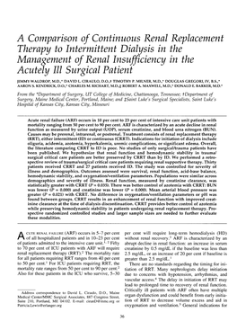 A Comparison of Continuous Renal Replacement Therapy to Intermittent Dialysis in the Management of Renal Insufficiency in the Acutely III Surgical Patient