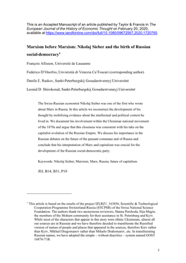 Marxism Before Marxism: Nikolaj Sieber and the Birth of Russian Social-Democracy1