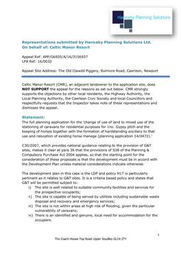 Representations Submitted by Hannaby Planning Solutions Ltd