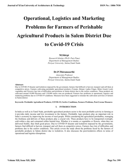 Operational, Logistics and Marketing Problems for Farmers of Perishable Agricultural Products in Salem District Due to Covid-19 Crisis