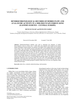 Dendrochronological Records of Debris Flow and Avalanche Activity in a Mid-Mountain Forest Zone (Eastern Sudetes – Central Europe)