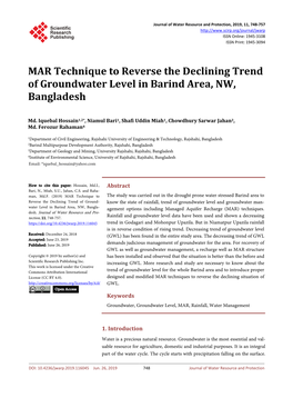 MAR Technique to Reverse the Declining Trend of Groundwater Level in Barind Area, NW, Bangladesh