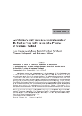 A Preliminary Study on Some Ecological Aspects of the Fruit Piercing Moths in Songkhla Province of Southern Thailand