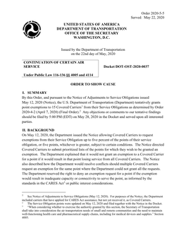 Order 2020-5-5 Served: May 22, 2020 UNITED STATES of AMERICA DEPARTMENT of TRANSPORTATION OFFICE of the SECRETARY WASHINGTON, D.C