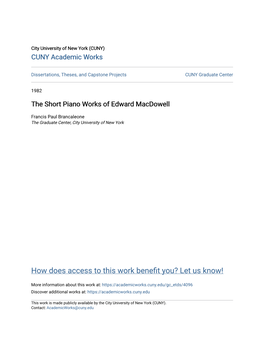 The Short Piano Works of Edward Macdowell