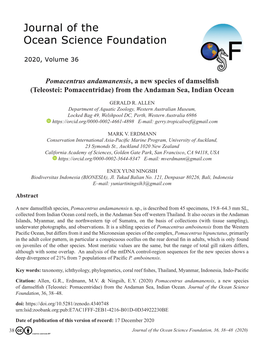 Pomacentrus Andamanensis, a New Species of Damselfish (Teleostei: Pomacentridae) from the Andaman Sea, Indian Ocean