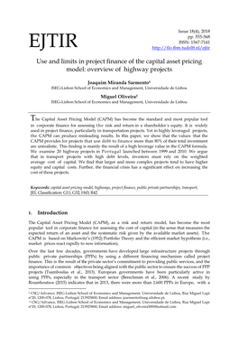 Use and Limits in Project Finance of the Capital Asset Pricing Model: Overview of Highway Projects