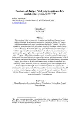 Freedom and Decline: Polish State Formation and Rye Market Disintegration, 1500-1772.1