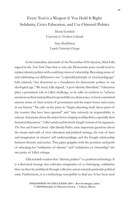 Solidarity, Civics Education, and Use-Oriented Politics Derek Gottlieb University of Northern Colorado