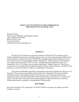 1 Effect of Tin Content on the Corrosion of Zirconium 702