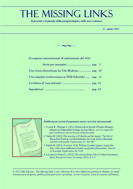 THE Missing Links Il Presente E Il Passato Della Parapsicologia E Delle Aree Connesse ______6 - Ottobre 2012 ______