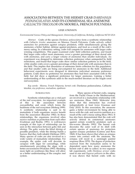 Associations Between the Hermit Crab Dardanus Pedunculatus and Its Commensal Sea Anemone Calliactis Tricolor on Moorea, French Polynesia