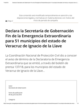 Declara La Secretaría De Gobernación Fin De La Emergencia Extraordinaria Para 51 Municipios Del Estado De Veracruz De Ignacio De La Ll…