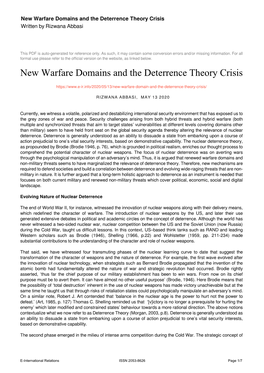 New Warfare Domains and the Deterrence Theory Crisis Written by Rizwana Abbasi