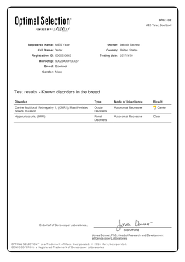 Test Results - Known Disorders in the Breed