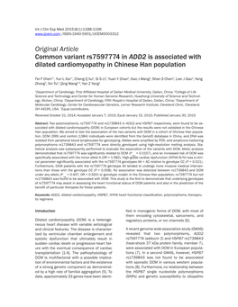 Original Article Common Variant Rs7597774 in ADD2 Is Associated with Dilated Cardiomyopathy in Chinese Han Population