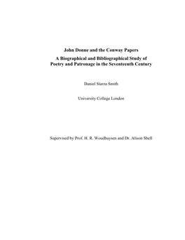 John Donne and the Conway Papers a Biographical and Bibliographical Study of Poetry and Patronage in the Seventeenth Century