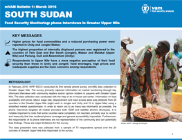 SOUTH SUDAN Food Security Monitoring: Phone Interviews in Greater Upper Nile