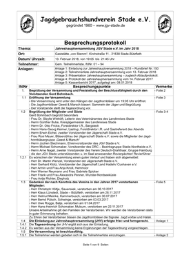 Protokoll Thema: Jahreshauptversammlung JGV Stade E.V