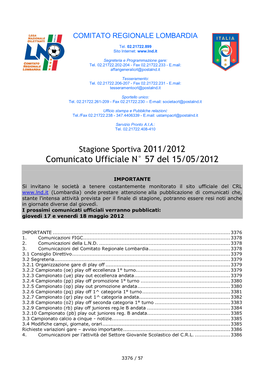 Comunicato Ufficiale N° 57 Del 15/05/2012