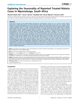 Exploring the Seasonality of Reported Treated Malaria Cases in Mpumalanga, South Africa