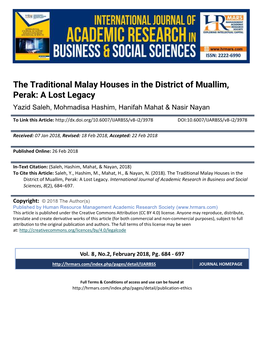 The Traditional Malay Houses in the District of Muallim, Perak: a Lost Legacy