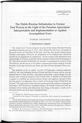 The Polish-Russian Delimitation in Former East Prussia in the Light of the Potsdam Agreement: Interpretation and Implementation As Against Accomplished Facts