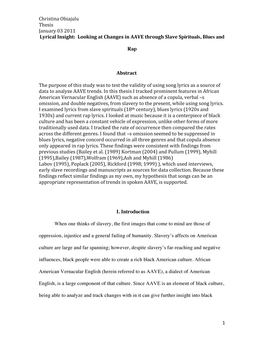 Christina Obiajulu Thesis January 032011 Lyrical Insight: Looking at Changes in AA VE Through Slave Spirituals, Blues And