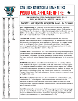 PROUD AHL AFFILIATE of THE: SAN JOSE BARRACUDA (7-10-0-1) Vs BAKERSFIELD CONDORS (7-9-2-1) J Date Team Result 10/4 @ONT 0-5, L FRIDAY, NOV