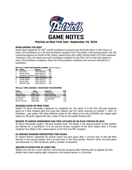 GAME NOTES Patriots at New York Jets– September 19, 2010